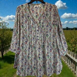 Rose + Olive Boho Floral Tunic Top Womens 1X Pintuck Peasant Cottagecore Relaxed